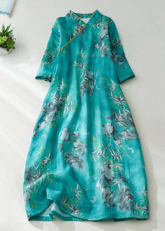 Natural Green Stand Collar Print Button Long Dress Short Sleeve VV082 HS-SDL240627
