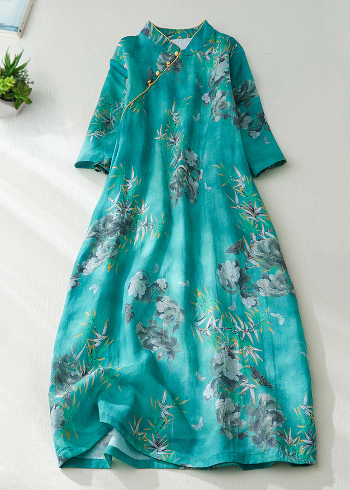 Natural Green Stand Collar Print Button Long Dress Short Sleeve VV082 HS-SDL240627