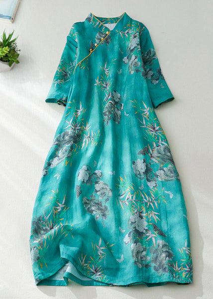 Natural Green Stand Collar Print Button Long Dress Short Sleeve VV082 HS-SDL240627