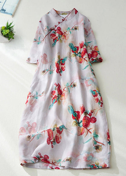 Natural Green Stand Collar Print Button Long Dress Short Sleeve VV082 HS-SDL240627