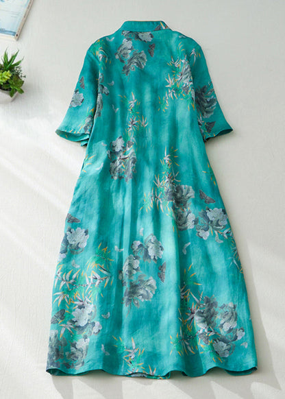Natural Green Stand Collar Print Button Long Dress Short Sleeve VV082 HS-SDL240627