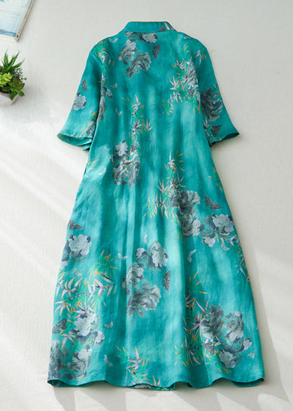 Natural Green Stand Collar Print Button Long Dress Short Sleeve VV082 HS-SDL240627