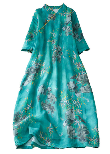 Natural Green Stand Collar Print Button Long Dress Short Sleeve VV082 HS-SDL240627