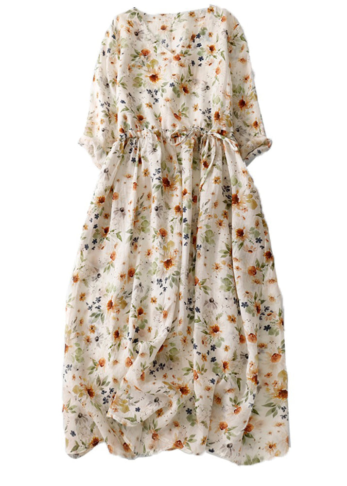 Natural Green V Neck Print Drawstring Cotton Long Dresses Summer AM1067 Genistyle Shop