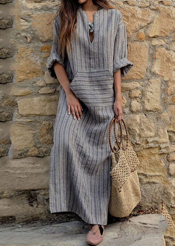 Natural Grey O-Neck Striped Patchwork Long Dresses Spring VB1089 Ada Fashion