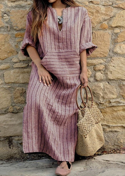 Natural Grey O-Neck Striped Patchwork Long Dresses Spring VB1089 Ada Fashion
