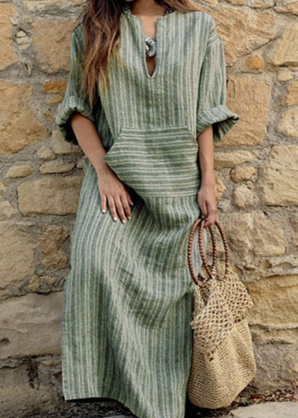Natural Grey O-Neck Striped Patchwork Long Dresses Spring VB1089 Ada Fashion