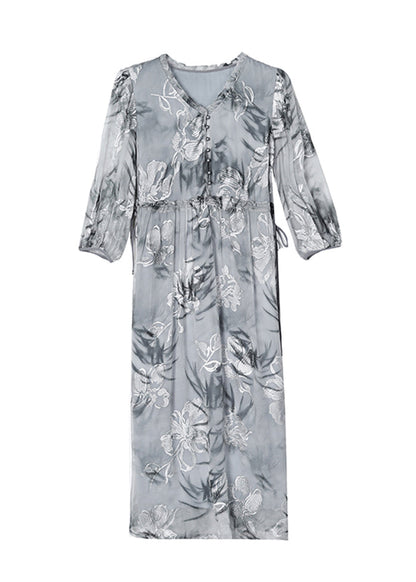 Natural Grey V Neck Ruffled Print Silk Dress Summer BB016 Hawaii-SDL240622