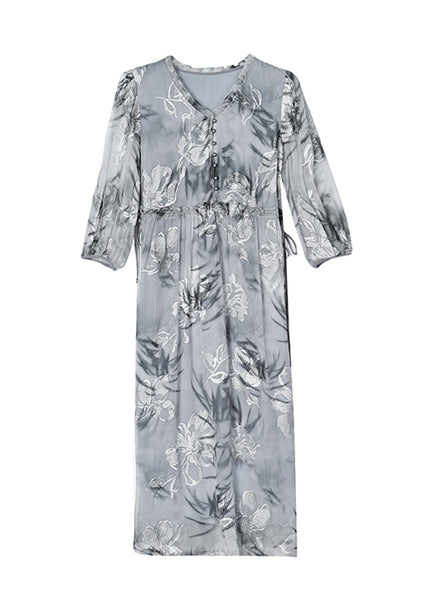 Natural Grey V Neck Ruffled Print Silk Dress Summer BB016 Hawaii-SDL240622