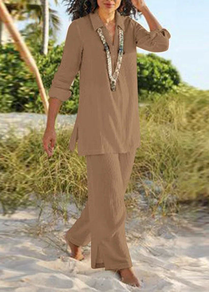 Collar And Natural Khaki Two Leg Pan Pants Shirt Wide Peter FashionChic