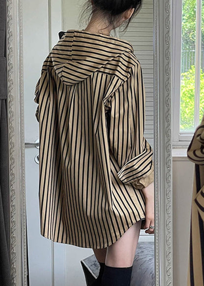 Button Natural Hooded Spring Striped Khaki Shirts FashionChic