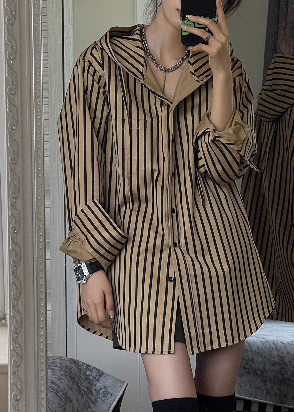 Button Natural Hooded Spring Striped Khaki Shirts FashionChic