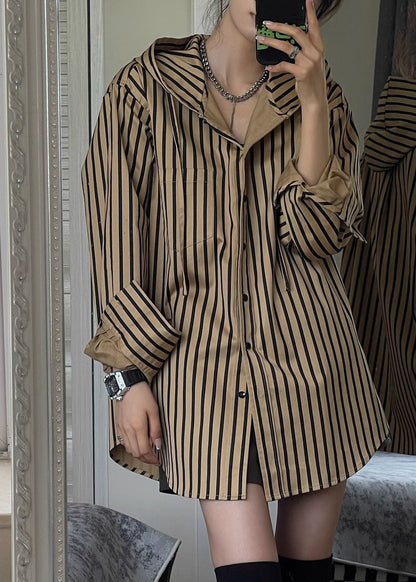 Button Natural Hooded Spring Striped Khaki Shirts FashionChic