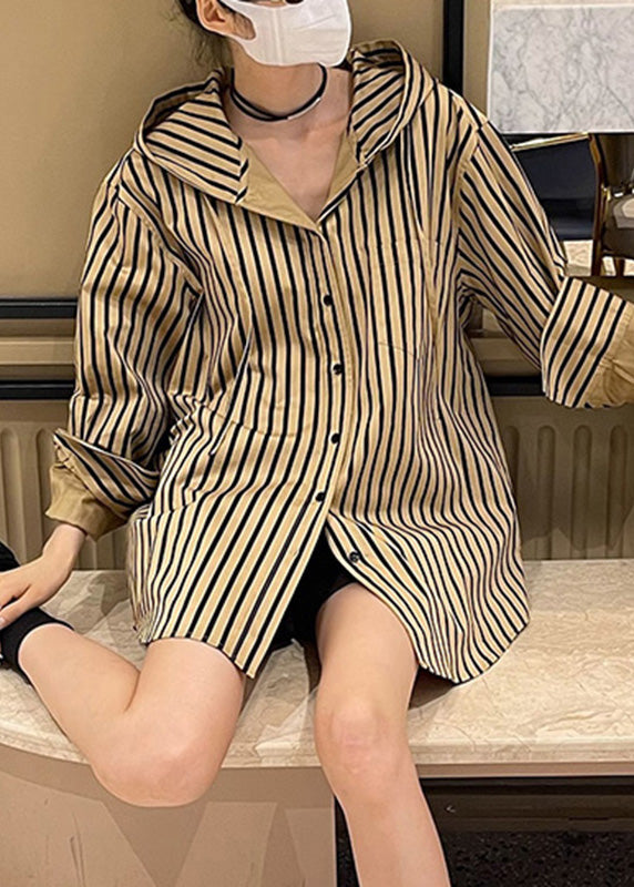 Button Natural Hooded Spring Striped Khaki Shirts FashionChic