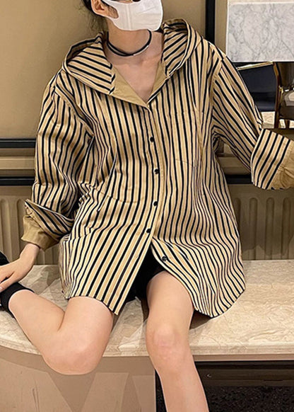 Button Natural Hooded Spring Striped Khaki Shirts FashionChic