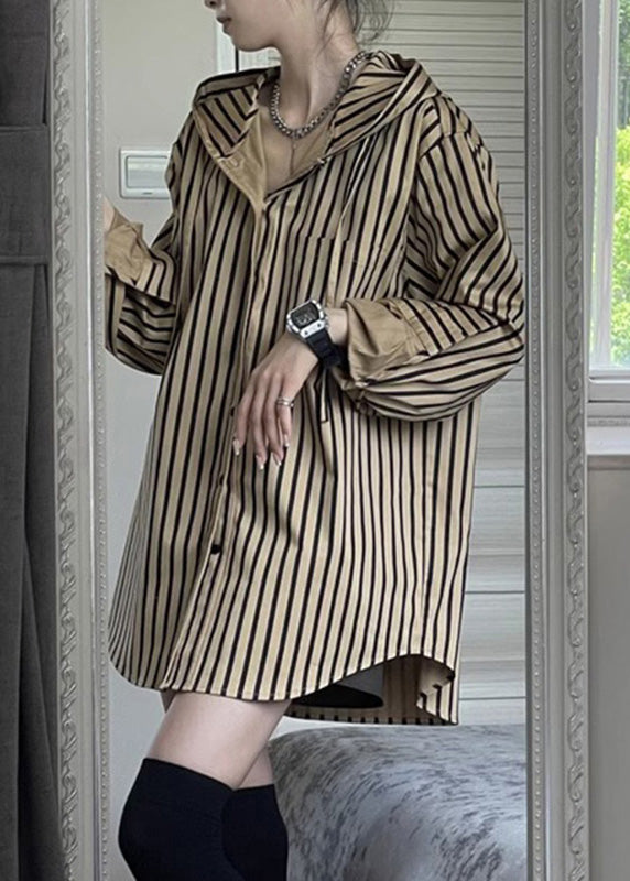 Button Natural Hooded Spring Striped Khaki Shirts FashionChic