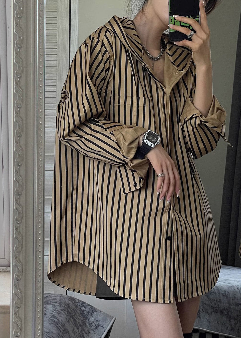 Button Natural Hooded Spring Striped Khaki Shirts FashionChic