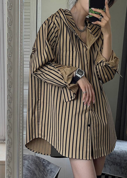 Button Natural Hooded Spring Striped Khaki Shirts FashionChic