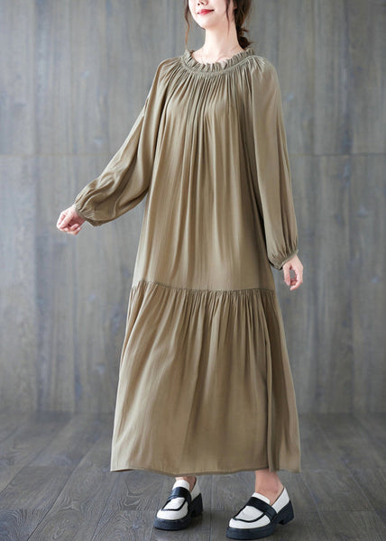 Natural Khaki Wrinkled Drawstring Chiffon Long Dress Long Sleeve GH1020 Ada Fashion
