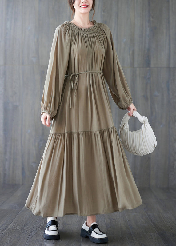 Natural Khaki Wrinkled Drawstring Chiffon Long Dress Long Sleeve GH1020 Ada Fashion