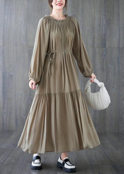 Natural Khaki Wrinkled Drawstring Chiffon Long Dress Long Sleeve GH1020 Ada Fashion