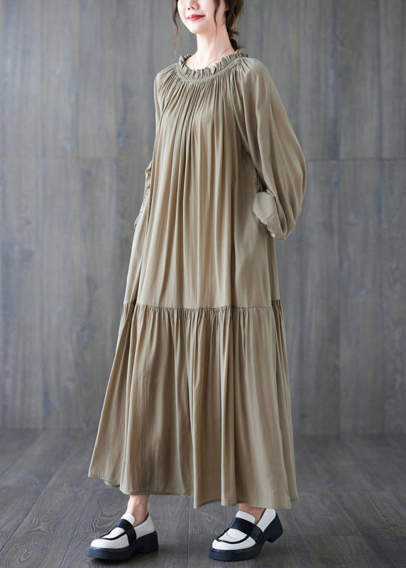 Natural Khaki Wrinkled Drawstring Chiffon Long Dress Long Sleeve GH1020