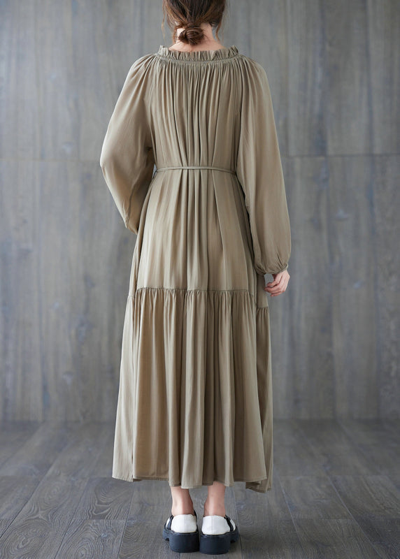 Natural Khaki Wrinkled Drawstring Chiffon Long Dress Long Sleeve GH1020 Ada Fashion
