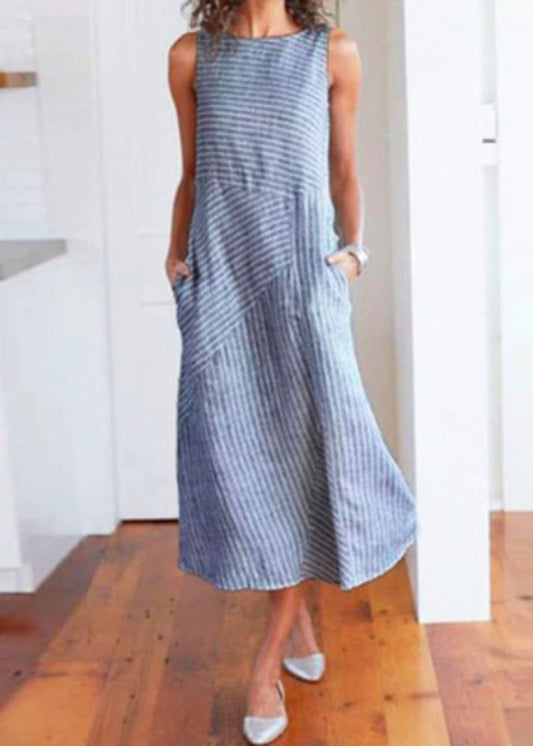 Natural Light Blue O Neck Striped Cotton Long Dresses Sleeveless TL042