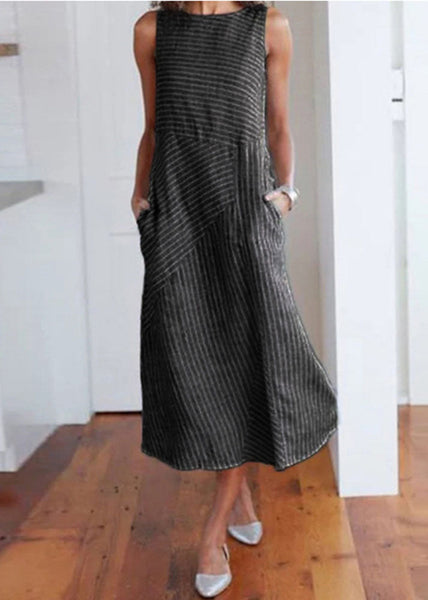 Robe longue sans manches en coton rayé bleu clair naturel à col rond TL042