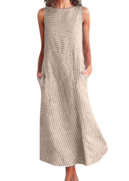 Robe longue sans manches en coton rayé bleu clair naturel à col rond TL042