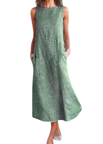 Robe longue sans manches en coton rayé bleu clair naturel à col rond TL042