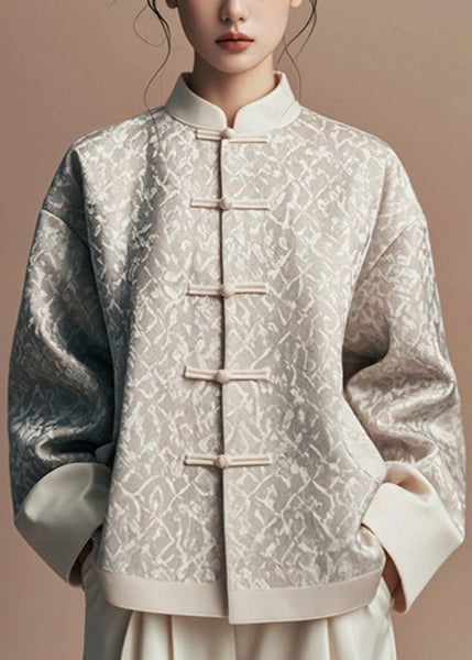 Natural Light Grey Stand Collar Print Coats Fall AG1047 OM-ZS240913