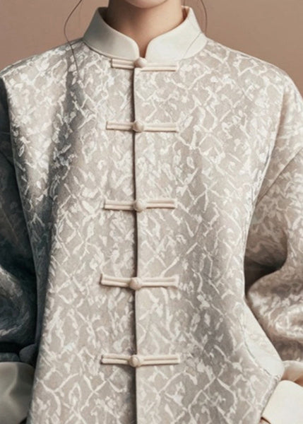 Natural Light Grey Stand Collar Print Coats Fall AG1047 OM-ZS240913