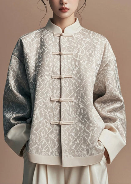 Natural Light Grey Stand Collar Print Coats Fall AG1047 OM-ZS240913