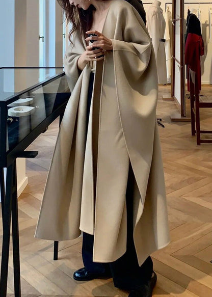 Natural Light Khaki V Neck Asymmetrical Woolen Cardigans Winter RP025 ABC