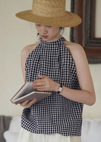 Natural Navy Blue Cold Shoulder Plaid Lace Tie Vest Sleeveless UU1007 SH-LF-VTP240526