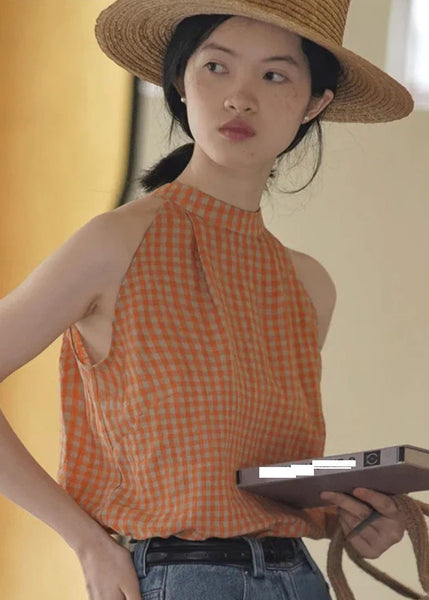 Natural Navy Blue Cold Shoulder Plaid Lace Tie Vest Sleeveless UU1007 SH-LF-VTP240526