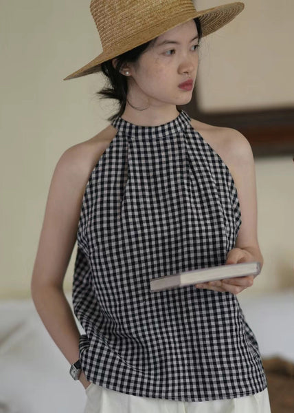 Natural Navy Blue Cold Shoulder Plaid Lace Tie Vest Sleeveless UU1007 SH-LF-VTP240526