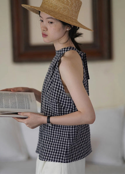 Natural Navy Blue Cold Shoulder Plaid Lace Tie Vest Sleeveless UU1007 SH-LF-VTP240526