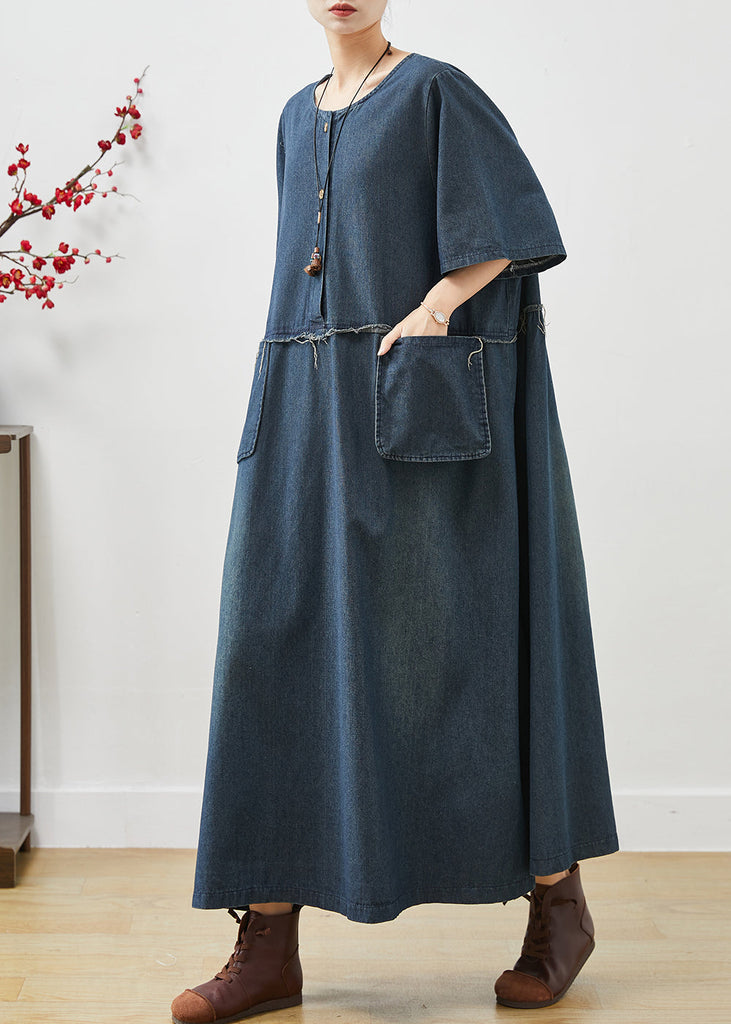 Natural Navy Oversized Pockets Denim Maxi Dresses Summer AP1074 AM-SDL240904