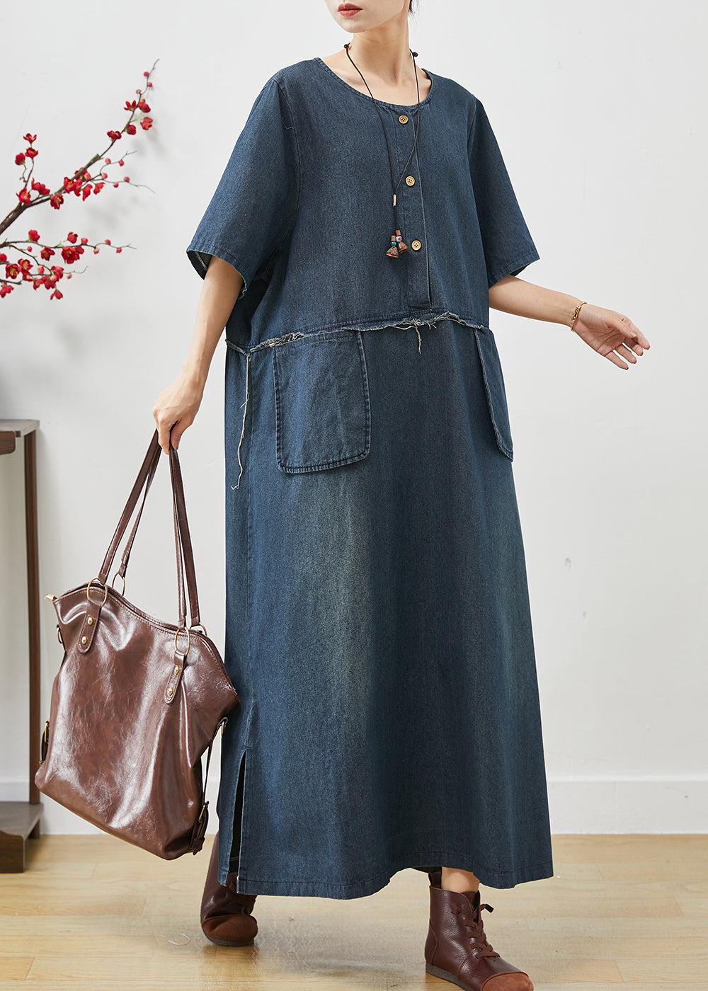 Natural Navy Oversized Pockets Denim Maxi Dresses Summer AP1074 AM-SDL240904