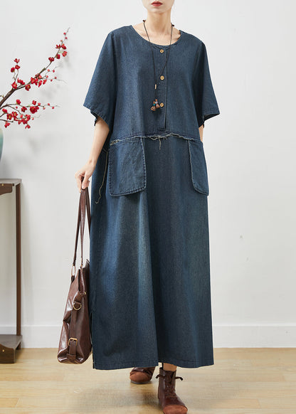 Natural Navy Oversized Pockets Denim Maxi Dresses Summer AP1074 AM-SDL240904