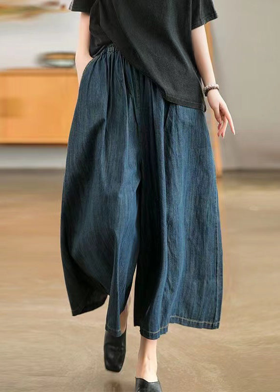 Natural Navy Pockets Elastic Waist Denim Wide Leg Pants Summer TN006 ABC