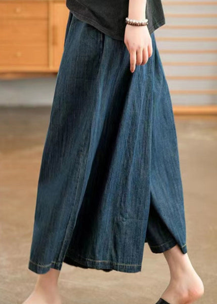 Natural Navy Pockets Elastic Waist Denim Wide Leg Pants Summer TN006 ABC