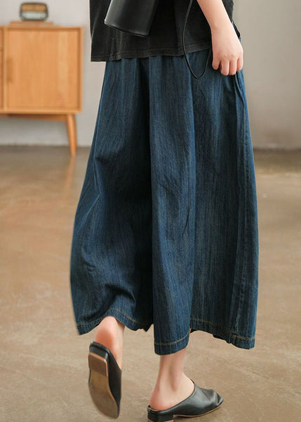 Natural Navy Pockets Elastic Waist Denim Wide Leg Pants Summer TN006 ABC