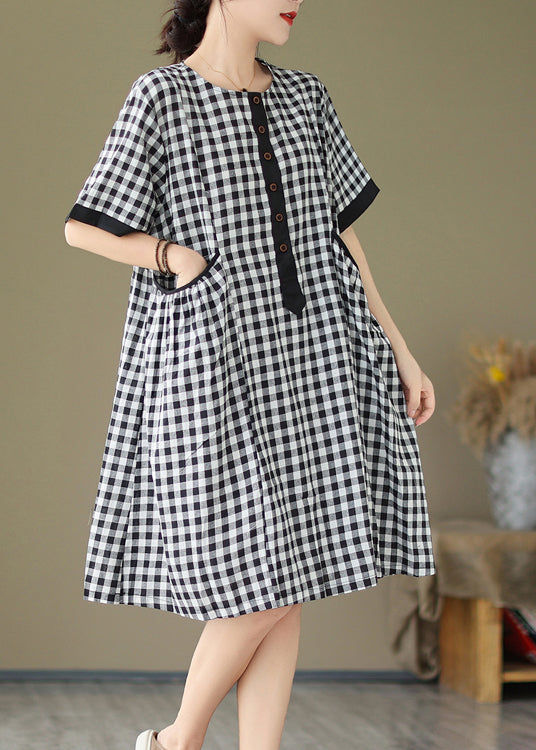 Natural O Neck Big Plaid Pockets Loose Cotton Dress Summer AP076 GK-SDL240718