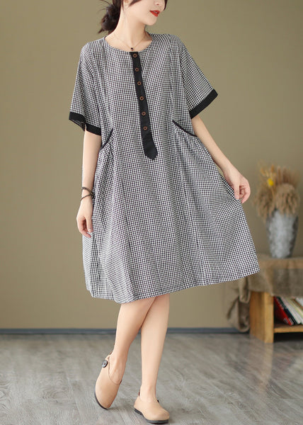 Natural O Neck Big Plaid Pockets Loose Cotton Dress Summer AP076 GK-SDL240718