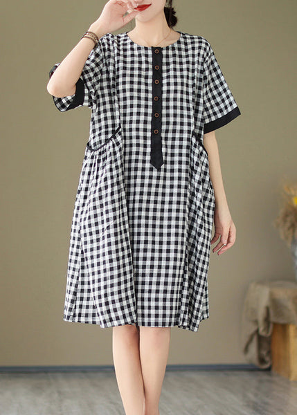 Natural O Neck Big Plaid Pockets Loose Cotton Dress Summer AP076 GK-SDL240718