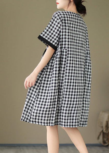 Natural O Neck Big Plaid Pockets Loose Cotton Dress Summer AP076 GK-SDL240718