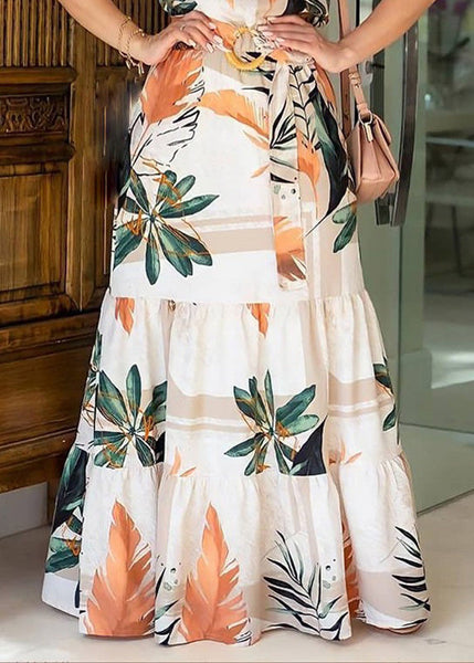 Print Tunic Short Natural Maxi O-Neck Sleeve Dresses FashionChic